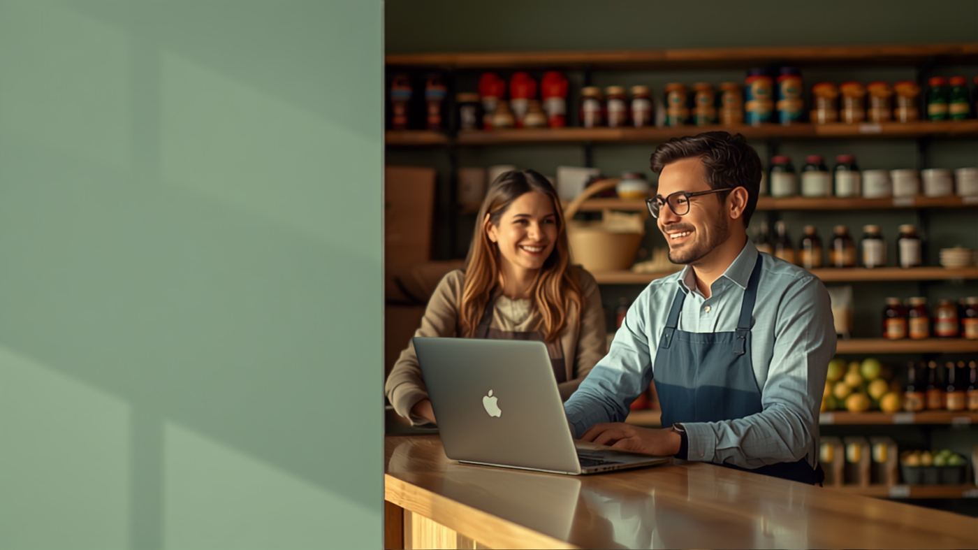 Dueños de negocio sonriendo mientras usan una laptop en su tienda